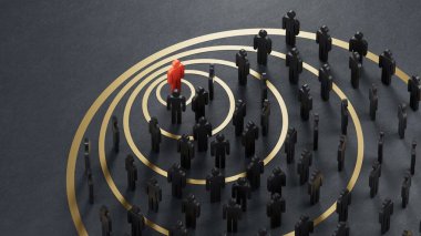 Daireli ahşap parçanın üç boyutlu çizimi. Etkilendirici pazarlama kavramı ve siyah arka planda 3D etki alanları.