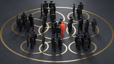 Birçok ahşap parçanın üç boyutlu bir tasviri, tahtadan daireler şeklinde gruplandırıldı. Piyasa segmentasyon kavramı siyah arkaplan üzerinde 3D yorumlama.