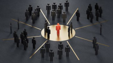 Çok kanallı pazarlama stratejisini temsil eden çizim üzerine 3 boyutlu ahşap çizim. Siyah arkaplanda 3D perakende gösterimi.