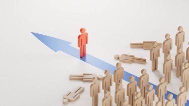 Kızıl Tahta Bebek yenme yarışması. Yabancı ve piyasa hakimiyeti kavramı. Beyaz arkaplanda 3D ekonomik durum.