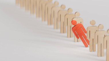 Kırmızı tahta bebek satrancı beyaz arka planda farklı düşünce ve önde gelen 3D değişkenlik için çizgiden çık.