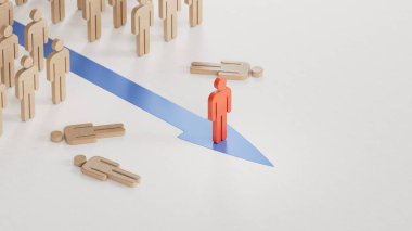 Kızıl Tahta Bebek yenme yarışması. Kalabalıktan uzak duruyor. İş stratejisi. Beyaz arkaplanda 3B görüntüleme.