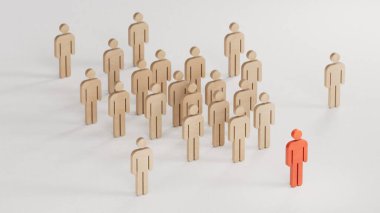 Tahta bebekleri çeken at nalı mıknatısı. Cazibe, bağlılık ve yeni ipuçlarının dönüşümü. Beyaz arkaplanda 3B görüntüleme.