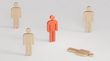 Kırmızı bir hedefin üzerinde tahta bir bebeği tutmak Acı giderici ya da yönetimin beyaz arka planda canlandırdığı 3D konsepti.