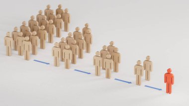 Tahta bebek tabelaları ve oklarla yaklaşan pazarlama ilkeleri. Yabancıdan organizatöre aşamalar. Beyaz arkaplanda 3B görüntüleme.