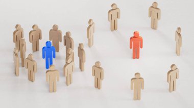 İçe dönük ve dışa dönük kavram. Masadaki ahşap heykelcikler. ekonomik durum ve sosyal başarı beyaz zemin üzerinde 3D görüntüleme.