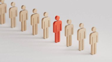 Sırada üç boyutlu insanlar var ve birinin rengi farklı. ekonomik durum ve sosyal başarı beyaz zemin üzerinde 3D görüntüleme.