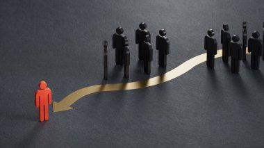 Kızıl Tahta Bebek yenme yarışması. Üç boyutlu illüstrasyon. Ekonomik durum ve sosyal başarı siyah zemin üzerine işlenmiş 3D.