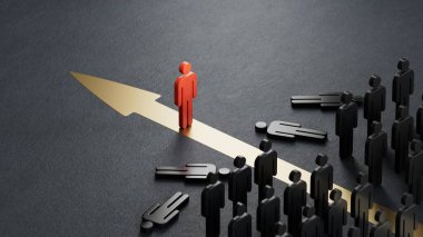 Kızıl Tahta Bebek yenme yarışması. Yabancı ve piyasa hakimiyeti kavramı. Siyah arkaplanda 3D ekonomik durum.