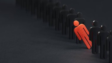 Kırmızı Tahta bebek satrancı, siyah arka planda farklı düşünce ve önde gelen 3D değişkenlik için çizgiden çık.