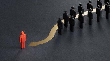 Kırmızı tahta bebek 3D çizimi geçiyor. VIP kartı konsepti. Ekonomik durum ve sosyal başarı siyah zemin üzerine işlenmiş 3D.