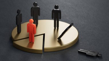 Pasta grafiği üzerinde Tahta bebeklerle el oynamak. Rakiplerden pazar payı kazancı gösterme kavramı. Siyah zemin üzerine işlenmiş 3D.