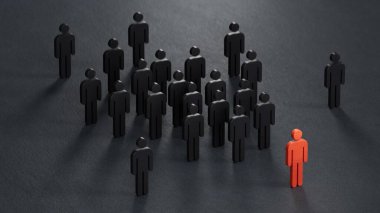 Tahta bebekleri çeken at nalı mıknatısı. Cazibe, bağlılık ve yeni ipuçlarının dönüşümü. Siyah arkaplanda 3B görüntüleme.