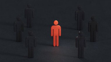 İnsan kaynakları (HR), işe alım, seçim, işe alım, CRM, doğru insanlar ve eşsiz kavramlar. Siyahların arka planında büyüteçteki kalabalıktan seçilen kişi.