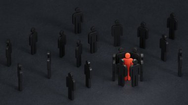 At nalı mıknatısı kırmızı tahta bebekleri çekiyor. Girişimci alımı kavramı ve girişime yetenekler çekme kavramı. Siyah arkaplanda 3B görüntüleme.