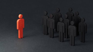 Kalabalıktaki tek kişi. Liderlik ve mükemmellik kavramı. Ekonomik durum ve sosyal başarı siyah zemin üzerine işlenmiş 3D.