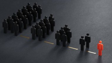 Tahta bebek tabelaları ve oklarla yaklaşan pazarlama ilkeleri. Yabancıdan organizatöre aşamalar. Siyah arkaplanda 3B görüntüleme.