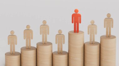 Liderlik ve büyüme konsepti, Tahta bebeklerin kırmızı piyonu, Tahta bebeklerin kalabalığının önünde duruyor, beyaz arkaplanda boş kopya 3D.