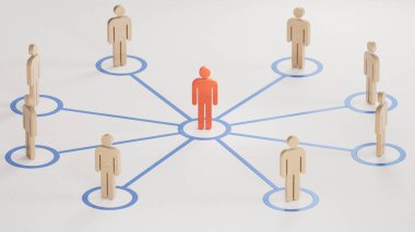 Bir grup çizgi film karakteri - sosyal ağ konsepti. ekonomik durum ve sosyal başarı beyaz zemin üzerinde 3D görüntüleme.