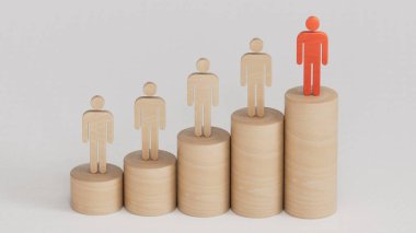 Liderlik ve büyüme konsepti, Tahta bebeklerin kırmızı piyonu, Tahta bebeklerin kalabalığının önünde duruyor, sağ tarafta boş fotokopi alanı beyaz arka planda..