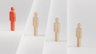 Liderlik ve büyüme konsepti, Tahta bebeklerin kırmızı piyonu, Tahta bebeklerin kalabalığının önünde duruyor, sağ tarafta boş fotokopi alanı beyaz arka planda..