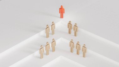 Liderlik ve büyüme konsepti, Tahta Bebek 'in kırmızı piyonu, Tahta Bebekler kalabalığının önünde duruyor. Ticari başarı kavramına sahip liderlik. Beyaz arkaplanda 3B görüntüleme.