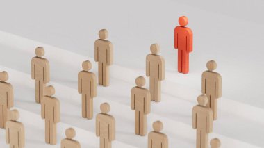 Liderlik ve büyüme konsepti, Tahta Bebek 'in kırmızı piyonu, Tahta Bebekler kalabalığının önünde duruyor. Ticari başarı kavramına sahip liderlik. Beyaz arkaplanda 3B görüntüleme.