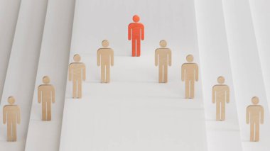 Liderlik ve büyüme konsepti, Tahta Bebek 'in kırmızı piyonu, Tahta Bebekler kalabalığının önünde duruyor. Ticari başarı kavramına sahip liderlik. Beyaz arkaplanda 3B görüntüleme.