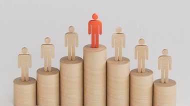 Liderlik ve büyüme konsepti, Tahta bebek kırmızı piyonu, beyaz arka planda gösterilen Tahta oyuncak bebek kalabalığından öne çıkıyor..