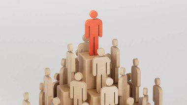 Liderlik konsepti, Tahta Bebek 'in kırmızı piyonu, Tahta Bebekler kalabalığının önünde duruyor. İş başarısı kavramına sahip liderlik. Beyaz arkaplanda 3B görüntüleme.