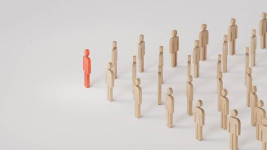 Liderlik konsepti, Tahta Bebek 'in kırmızı piyonu, Tahta Bebekler kalabalığının önünde duruyor. İş başarısı kavramına sahip liderlik. Beyaz arkaplanda 3B görüntüleme.