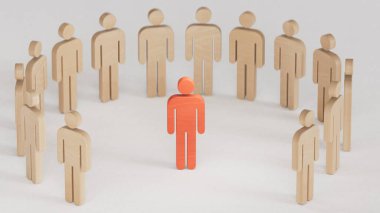 Liderlik konsepti, Tahta Bebek 'in kırmızı piyonu, Tahta Bebekler kalabalığının önünde duruyor. İş başarısı kavramına sahip liderlik. Beyaz arkaplanda 3B görüntüleme.