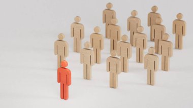 Tahta bebek resimli liderlik konsepti. İşverenler içinde yükselen lider. Beyaz arka planda 3D görüntüleme.