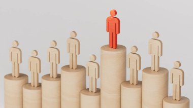 Liderlik konsepti, Tahta Bebek 'in kırmızı piyonu, Tahta Bebekler kalabalığının önünde duruyor. İş başarısı kavramına sahip liderlik. Beyaz arkaplanda 3B görüntüleme.