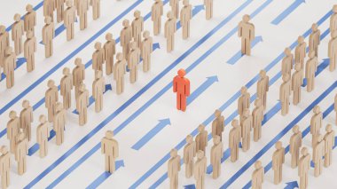 Birçok tahta bebek farklı sıralarda. Öncelikli geçiş kartı, hızlı şerit ya da VIP Ayrıcalıkları konsepti. Beyaz arkaplanda 3D resimleme.