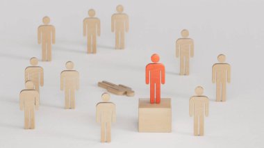 Bir kırmızı kral tahta bebek blokta duruyor ve düşmüş kral tahta bebek. İş rekabeti ve pazarlama stratejisi planlama konsepti kazananı. Beyaz arkaplanda 3B görüntüleme.