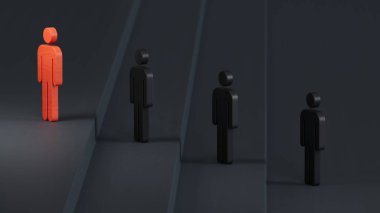 Liderlik ve büyüme konsepti, Tahta bebeklerin kırmızı piyonu, Tahta bebeklerin kalabalığının önünde duruyor, sağ tarafta boş kopya alanı siyah arka planda gösteriliyor..