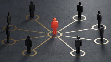 Bir grup çizgi film karakteri - sosyal ağ konsepti. Ekonomik durum ve sosyal başarı siyah zemin üzerine işlenmiş 3D.