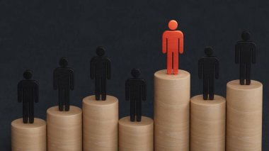 Liderlik ve büyüme konsepti, Tahta bebeklerin kırmızı piyonu, Tahta bebeklerin kalabalığının önünde duruyor, siyah arkaplanda boş kopya 3D.