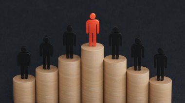 Liderlik ve büyüme konsepti, Tahta bebek kırmızı piyonu, Tahta bebek kalabalığının önünde duruyor. Siyah arka planda 3 boyutlu..