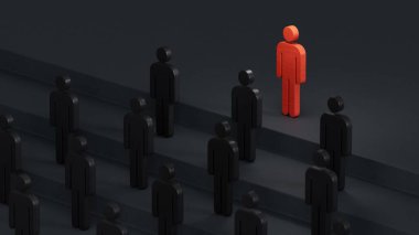 Liderlik ve büyüme konsepti, Tahta Bebek 'in kırmızı piyonu, Tahta Bebekler kalabalığının önünde duruyor. Ticari başarı kavramına sahip liderlik. Siyah arkaplanda 3B görüntüleme.