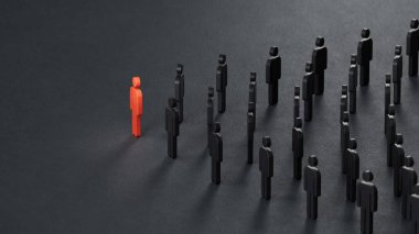 Liderlik konsepti, Tahta Bebek 'in kırmızı piyonu, Tahta Bebekler kalabalığının önünde duruyor. İş başarısı kavramına sahip liderlik. Siyah arkaplanda 3B görüntüleme.