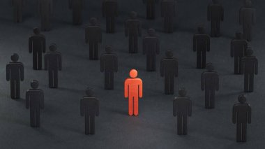 Liderlik konsepti, Tahta Bebek 'in kırmızı piyonu, Tahta Bebekler kalabalığının önünde duruyor. İş başarısı kavramına sahip liderlik. Siyah arkaplanda 3B görüntüleme.