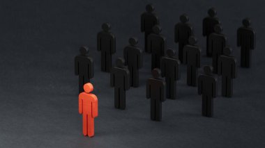 Tahta bebek resimli liderlik konsepti. İşverenler içinde yükselen lider. Siyah arka planda 3D görüntüleme.