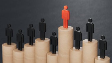 Liderlik konsepti, Tahta Bebek 'in kırmızı piyonu, Tahta Bebekler kalabalığının önünde duruyor. İş başarısı kavramına sahip liderlik. Siyah arkaplanda 3B görüntüleme.