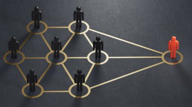 Soyut topluluktaki bağlantı ya da bağlantı kavramı. İş dünyasındaki başarı kavramına sahip liderlik. Siyah arkaplanda 3B görüntüleme.