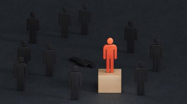 Bir kırmızı kral tahta bebek blokta duruyor ve düşmüş kral tahta bebek. İş rekabeti ve pazarlama stratejisi planlama konsepti kazananı. Siyah arkaplanda 3B görüntüleme.