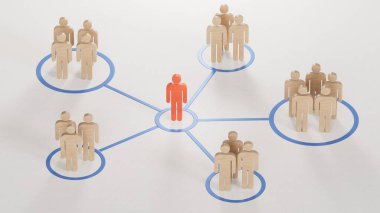 Bir lider tarafından yönetilen organize gruplar. Tahta bebeklerin farklı renklerde 3 boyutlu ilüstrasyonu. İş dünyasının başarılı liderliği. Beyaz arka planda 3D tasviri..