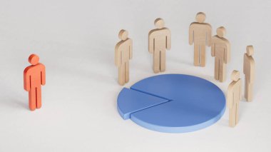 Tahta bebekli kırmızı ve beyaz tahta bebekler. Pazar payı, iş rekabeti. İş dünyasının liderliği, beyaz arka planda 3D konsepti..