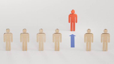 Kırmızı ok ve tahta bebekler. Liderlik ve büyüme kavramı. İş başarısı kavramına sahip liderlik beyaz arka planda 3D sunumu.